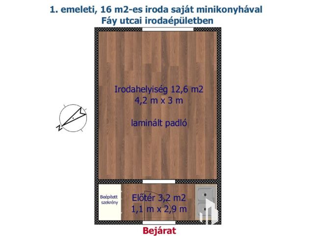 1.emeleti, 16 m2-es iroda saját minikonyhával a Fáy utcában